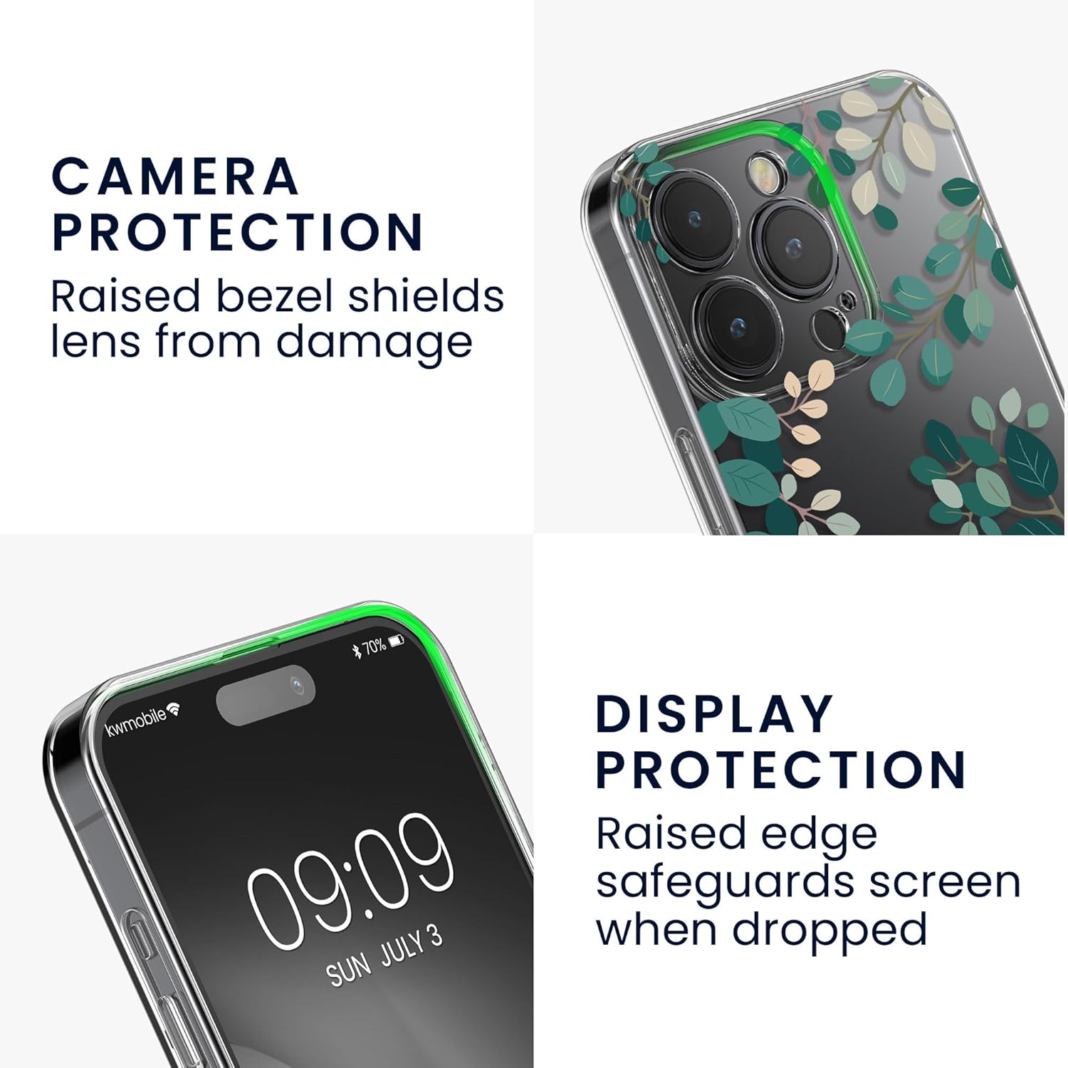 KW iPhone 15 Pro Θήκη Σιλικόνης TPU με Αντιχαρακτικό Γυαλί - Design Spring Leaves - Green / Διάφανη