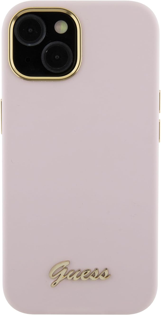 Guess iPhone 15 Silicone Script Metal Logo and Frame Σκληρή Θήκη με Πλαίσιο Σιλικόνης - Pink - GUHCP15SSMBSLP