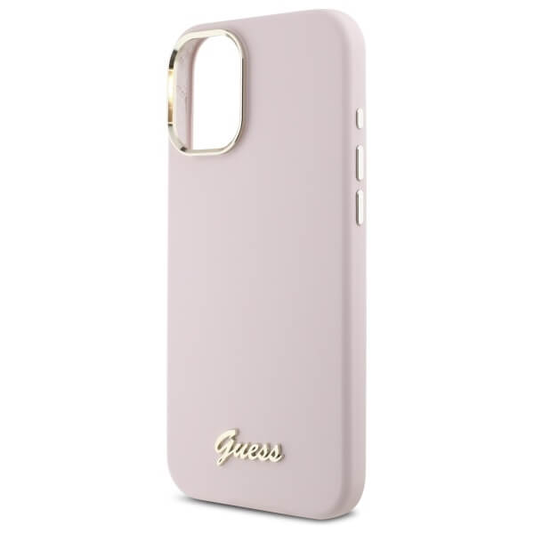 Guess iPhone 16 - Silicone Script Metal Logo and Frame - Σκληρή Θήκη με Πλαίσιο Σιλικόνης - Pink - GUHCP16SSMBSLP