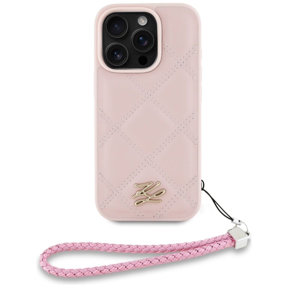 Karl Lagerfeld iPhone 16 Pro - Quilted Initial Logo and Chain Strap - Θήκη με Επένδυση Συνθετικού Δέρματος και Λουράκι - Pink - KLHCP16LPSQSKLSMSP