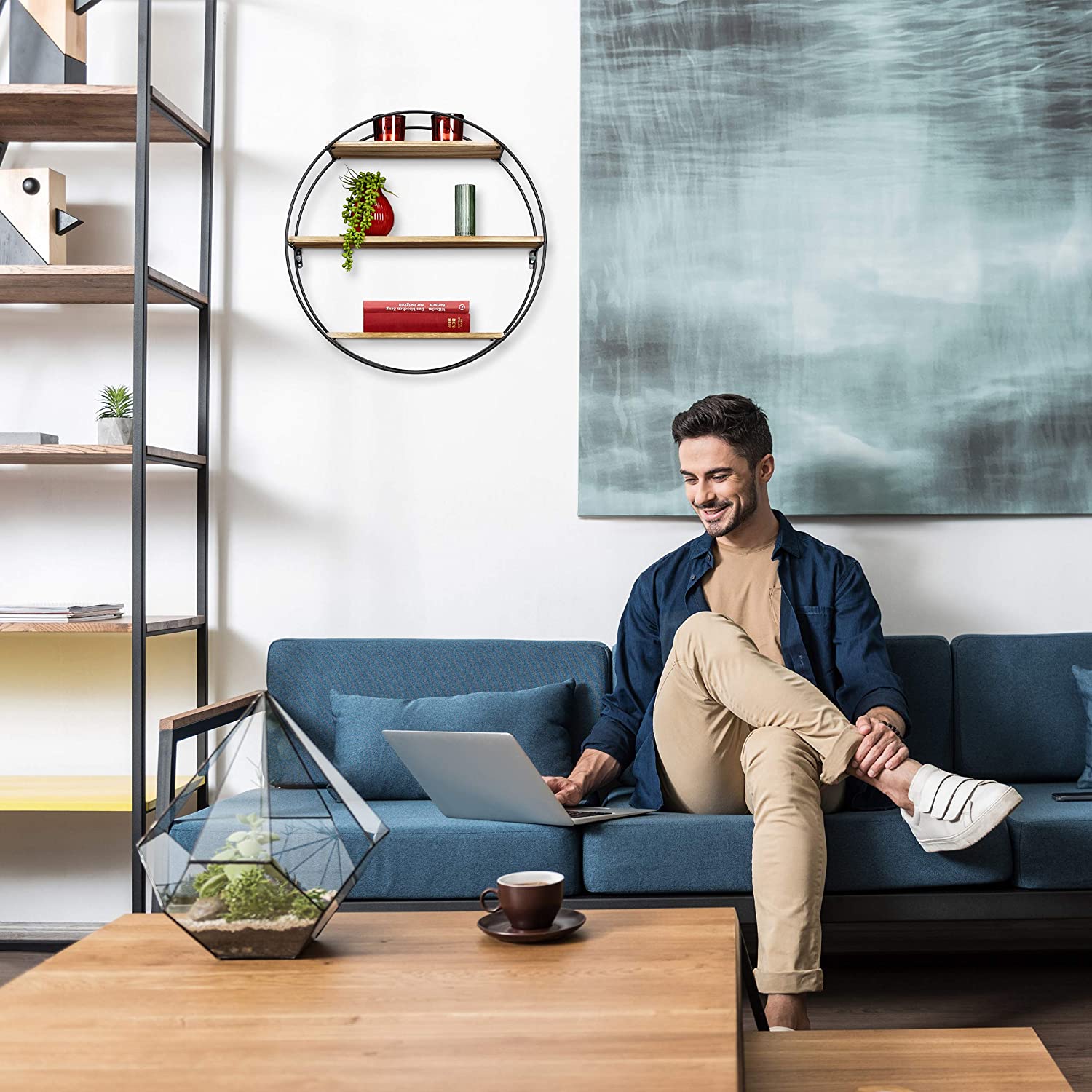 Relaxdays Στρόγγυλο Διακοσμητικό Ράφι Τοίχου με 3 Διαμερίσματα - 50 x 18,5 cm - Natural / Black - 4052025289270