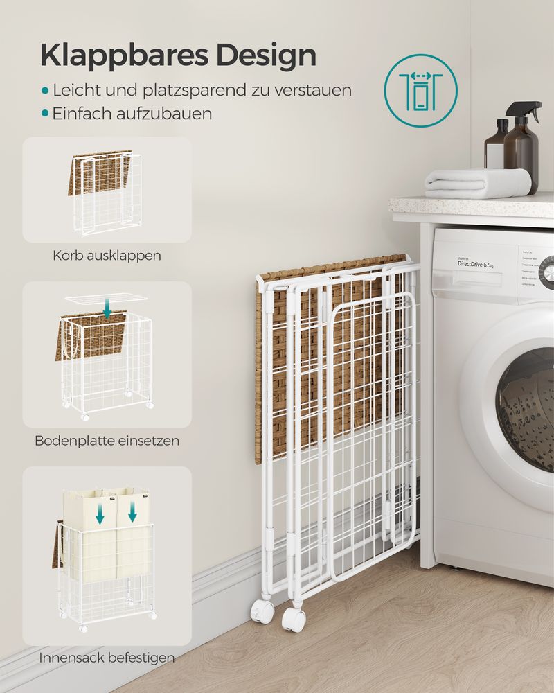 Songmics Τροχήλατο Αναδιπλούμενο Καλάθι Απλύτων με 2 Χωρίσματα και Καπάκι - 110L - Natural Beige / Cream White - LCB211N01