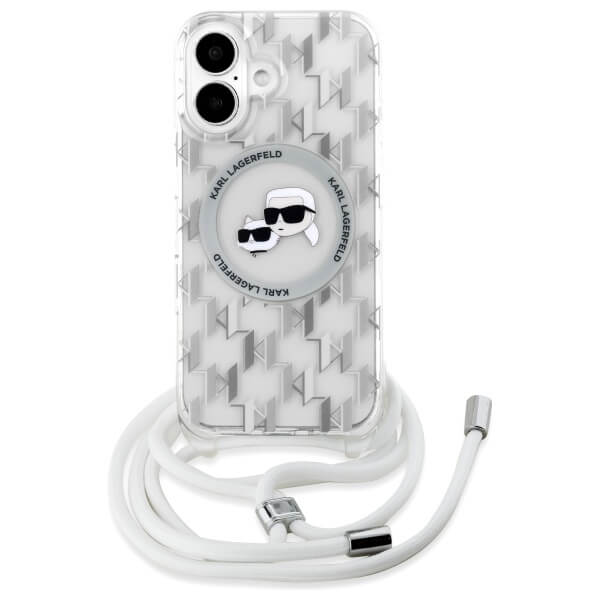 Karl Lagerfeld iPhone 16 - IML Crossbody Monogram Karl and Choupette Head - MagSafe Σκληρή Θήκη με Πλαίσιο Σιλικόνης και Λουράκι - Διάφανη - KLHMP16SHCKCKLCT