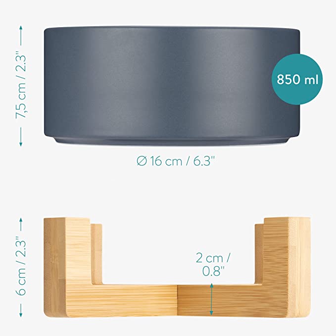 Navaris Cat Bowls with Wood Stands - Σετ με 2 Μπολ Φαγητού και Νερού με Βάση από Μπαμπού για Κατοικίδια - 850ml - Matte Blue / Brown - 48350.04