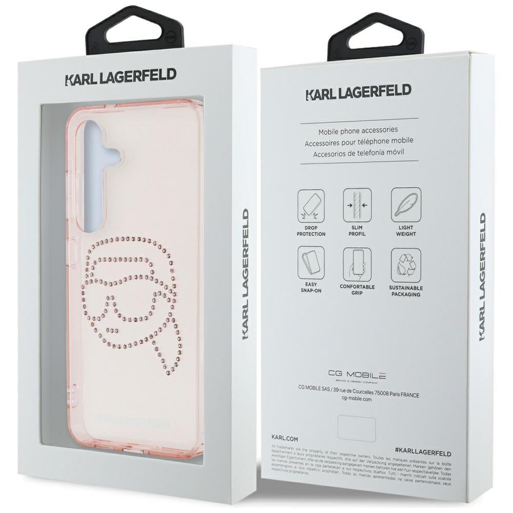 Karl Lagerfeld Samsung Galaxy S25 - Rhinestones Karl Head Logo - Σκληρή Θήκη με Πλαίσιο Σιλικόνης - Pink - KLHCS25SHKHDCELP