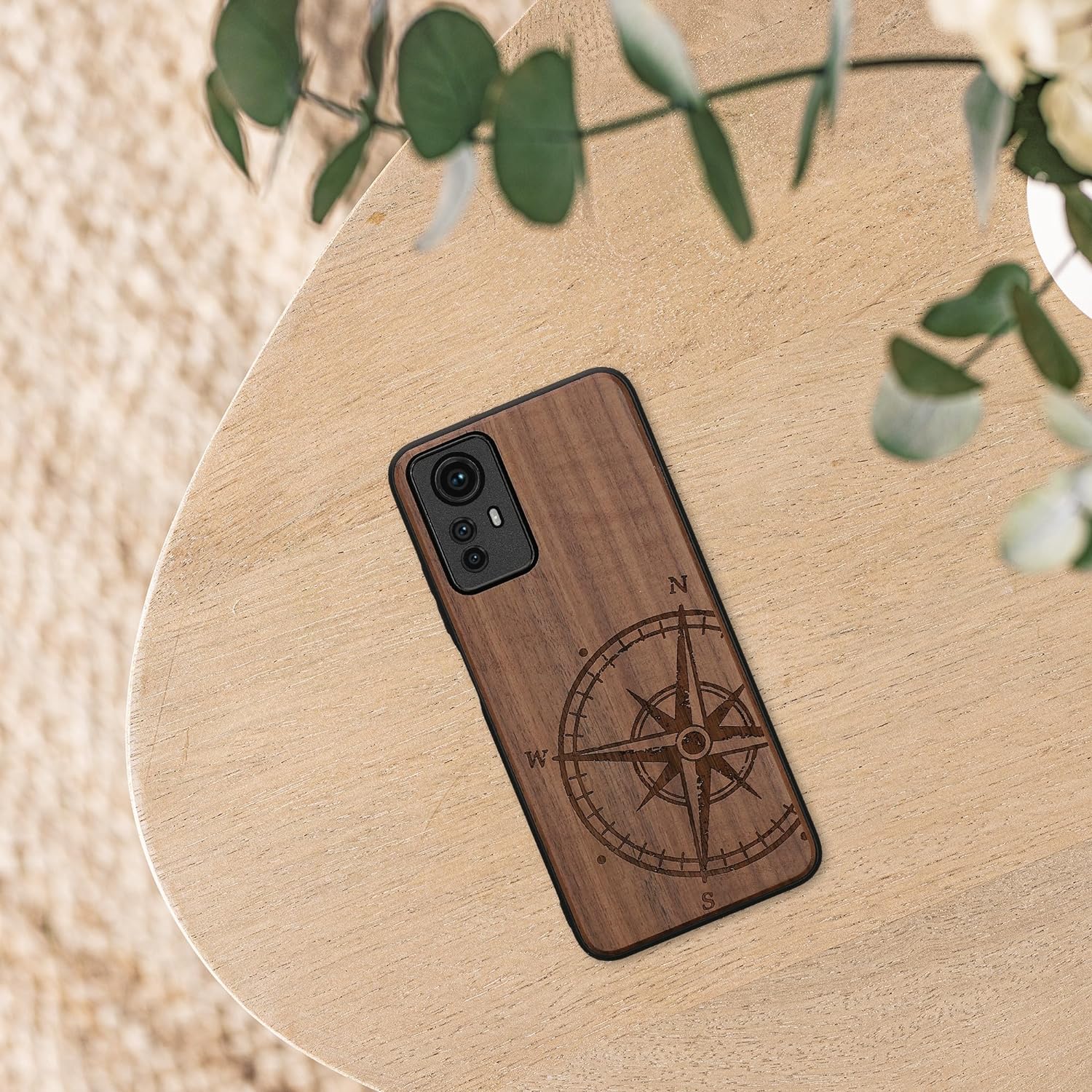 KW Xiaomi Redmi Note 12S Θήκη από Φυσικό Ξύλο - Design Navigational Compass - Dark Brown - 60692.01