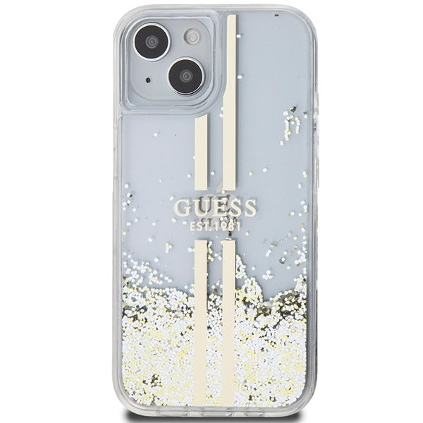 Guess iPhone 15 Liquid Glitter Gold Stripes Σκληρή Θήκη με Πλαίσιο Σιλικόνης - Διάφανη - GUHCP15SLFCSEGT