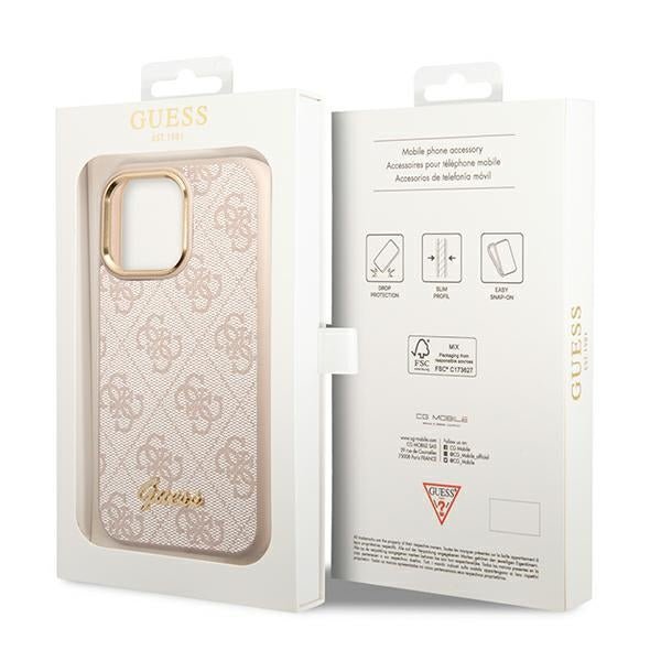 Guess iPhone 14 Pro Max 4G Vintage Gold Logo Σκληρή Θήκη με Πλαίσιο Σιλικόνης - Pink - GUHCP14XHG4SHP