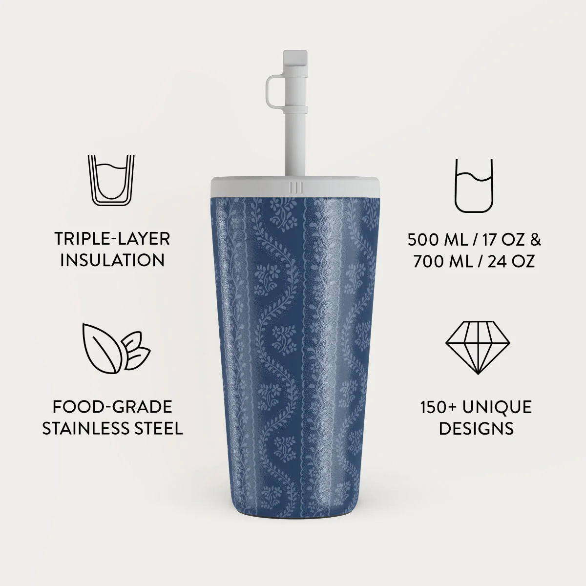 Burga Κούπα θερμός από Ανοξείδωτο Ατσάλι με καλαμάκι - 500ml - Denim Lover