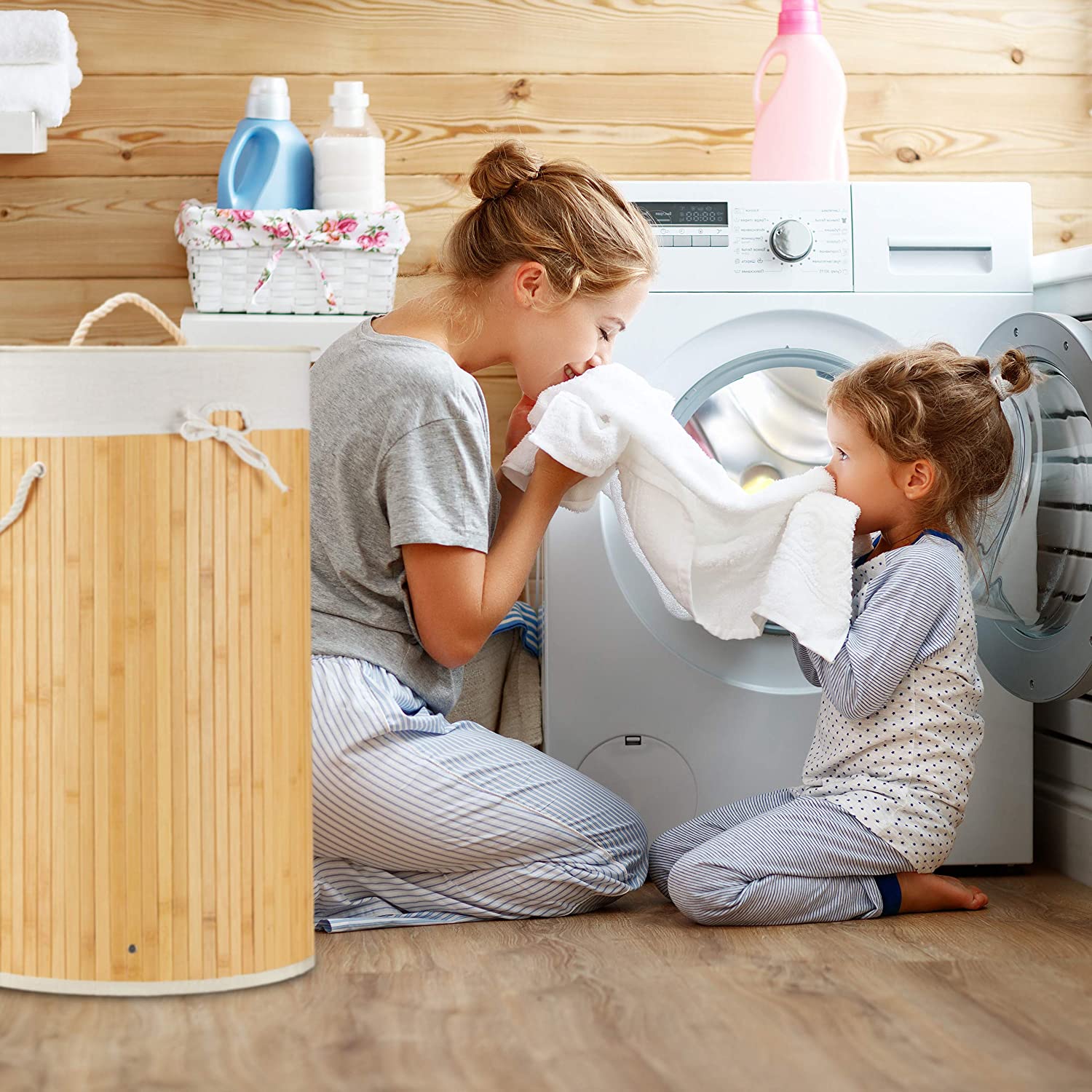 Relaxdays Πτυσσόμενο Στρόγγυλο Καλάθι Απλύτων από Μπαμπού με Καπάκι - Creme - 4052025918415