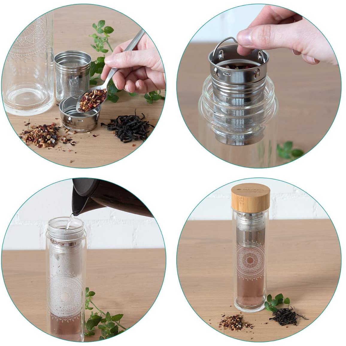 Navaris Γυάλινο Μπουκάλι Τσαγιού με Θήκη μεταφοράς - 500ml - Design Indian Sun - Clear - 45888.2.01