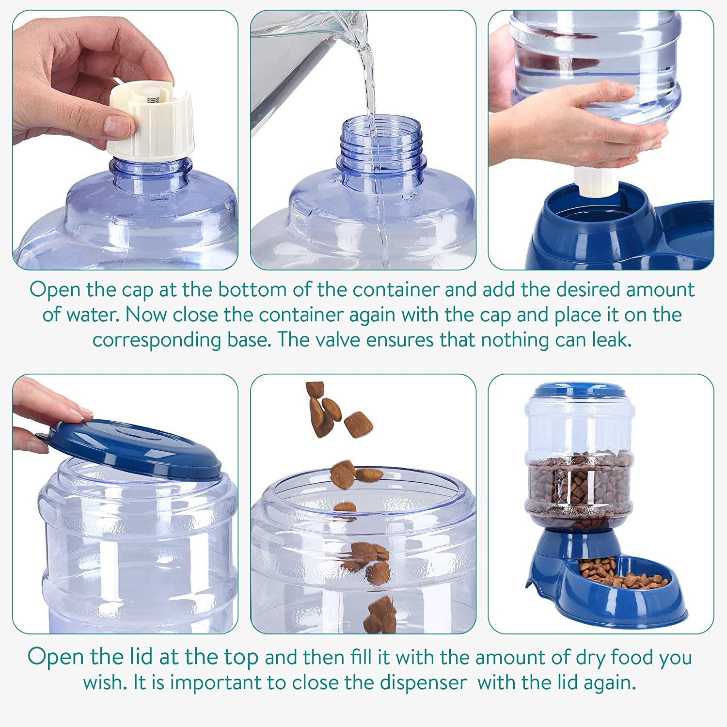 Navaris Automatic Food and Water Dispenser - Σετ με 2 Διανομείς Φαγητού και Νερού για Κατοικίδιο - 3.8L - Dark Blue - 48332.17