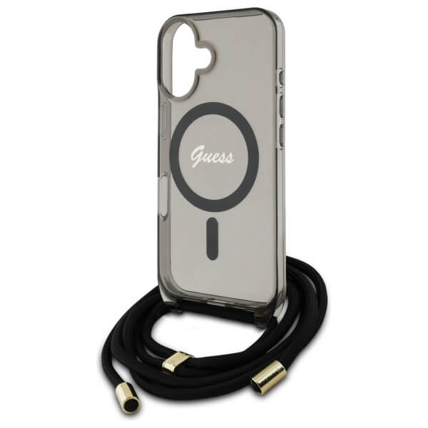 Guess iPhone 16 - Crossbody Cord Script MagSafe - Σκληρή Θήκη με Πλαίσιο Σιλικόνης και Λουράκι - Black - GUHMP16SHCTSGNSK