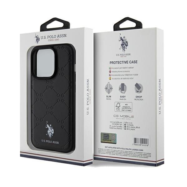 US Polo iPhone 15 Pro Max Yoke Pattern Θήκη με Επένδυση Συνθετικού Δέρματος - Black - USHCP15XPYOK