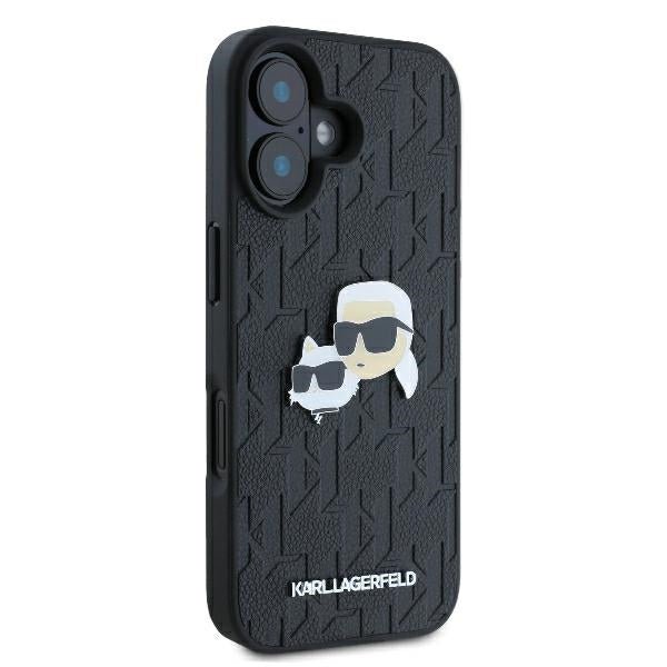 Karl Lagerfeld iPhone 16 Plus - Monogram Karl and Choupette Head Pin Σκληρή Θήκη με Επένδυση Συνθετικού Δέρματος - Black - KLHCP16MPGKLKCPK