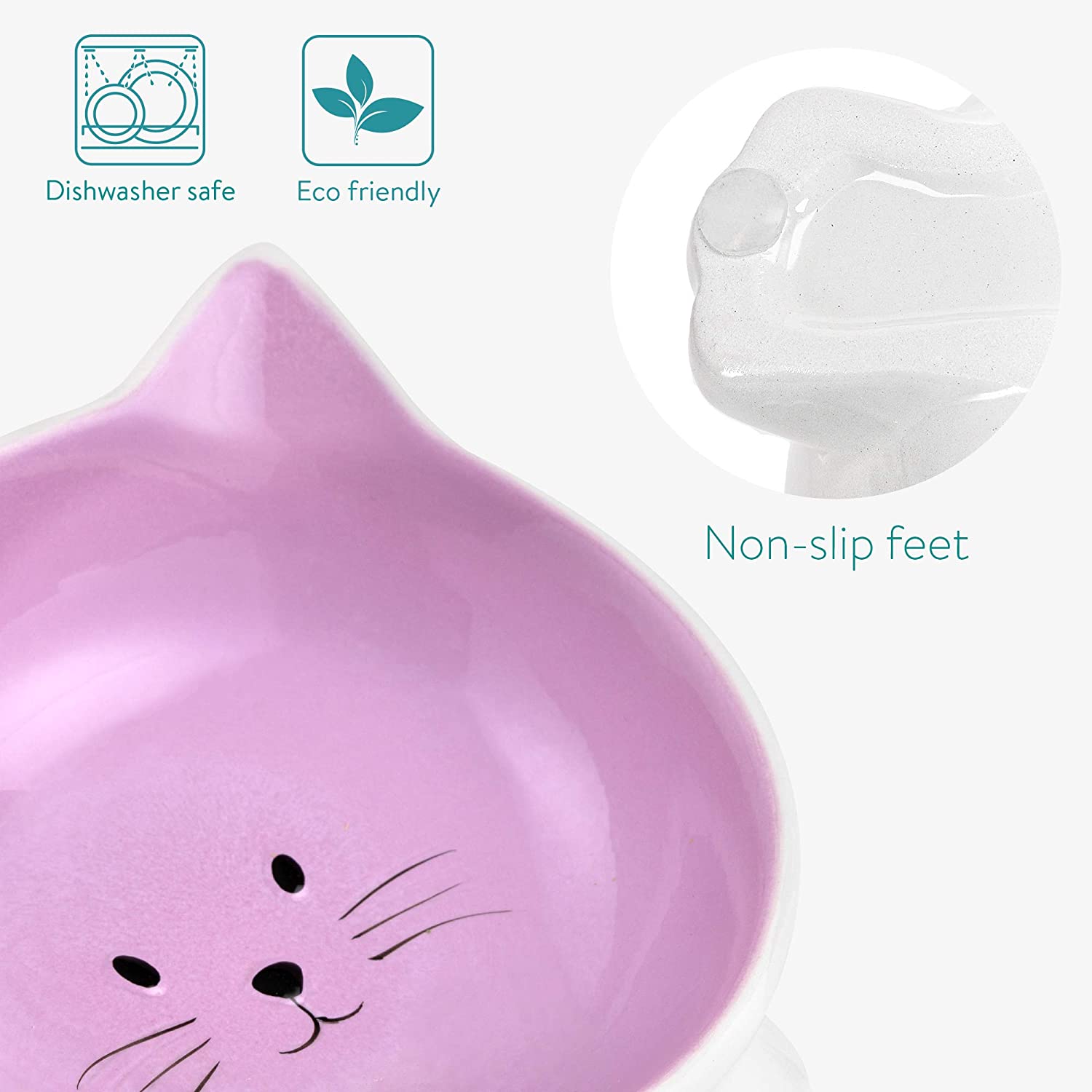 Navaris Cat Bowls with Ears Set of 2 - Σετ με 2 Μπολ Φαγητού και Νερού 130ml σε Σχήμα Γάτας - Purple / Pink - 50736.45