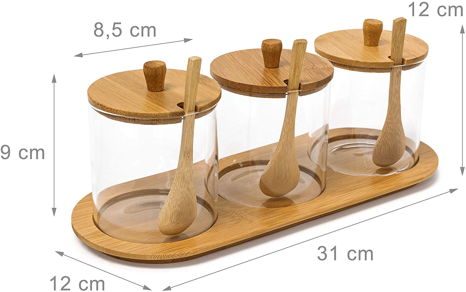 Relaxdays Σετ με 3 Γυάλινα Βάζα Αποθήκευσης JIAO με Βάση και Καπάκια από Μπαμπού - Natural - 4052025191351