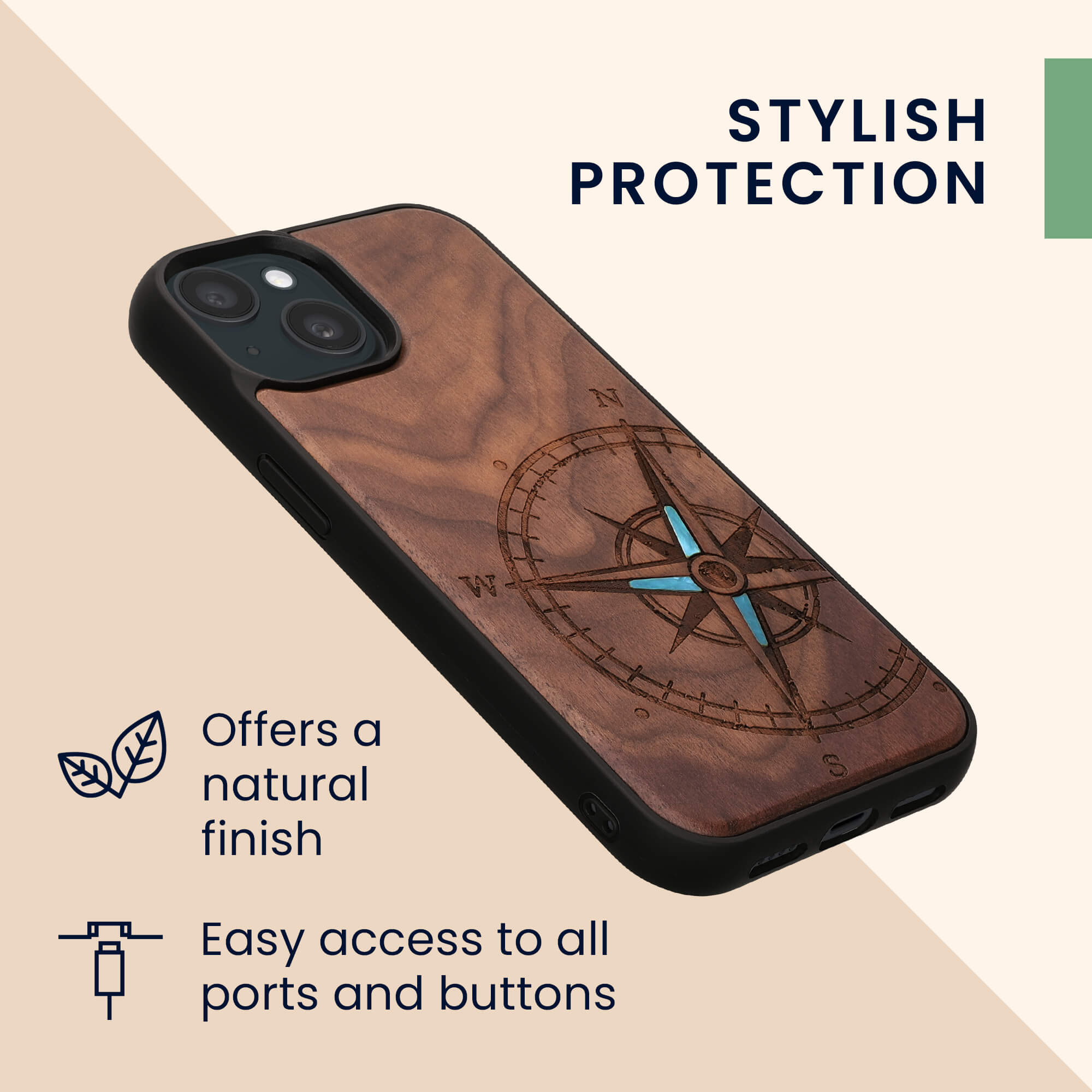 KW iPhone 15 Θήκη από Φυσικό Ξύλο - Design Navigational Compass Mother of Pearl - Dark Brown