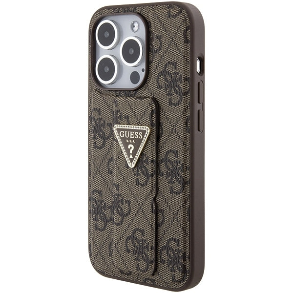 Guess iPhone 15 Pro Max Grip Stand 4G Triangle Strass Logo Θήκη με Επένδυση Συνθετικού Δέρματος και Stand - Brown - GUHCP15XPGS4TDW
