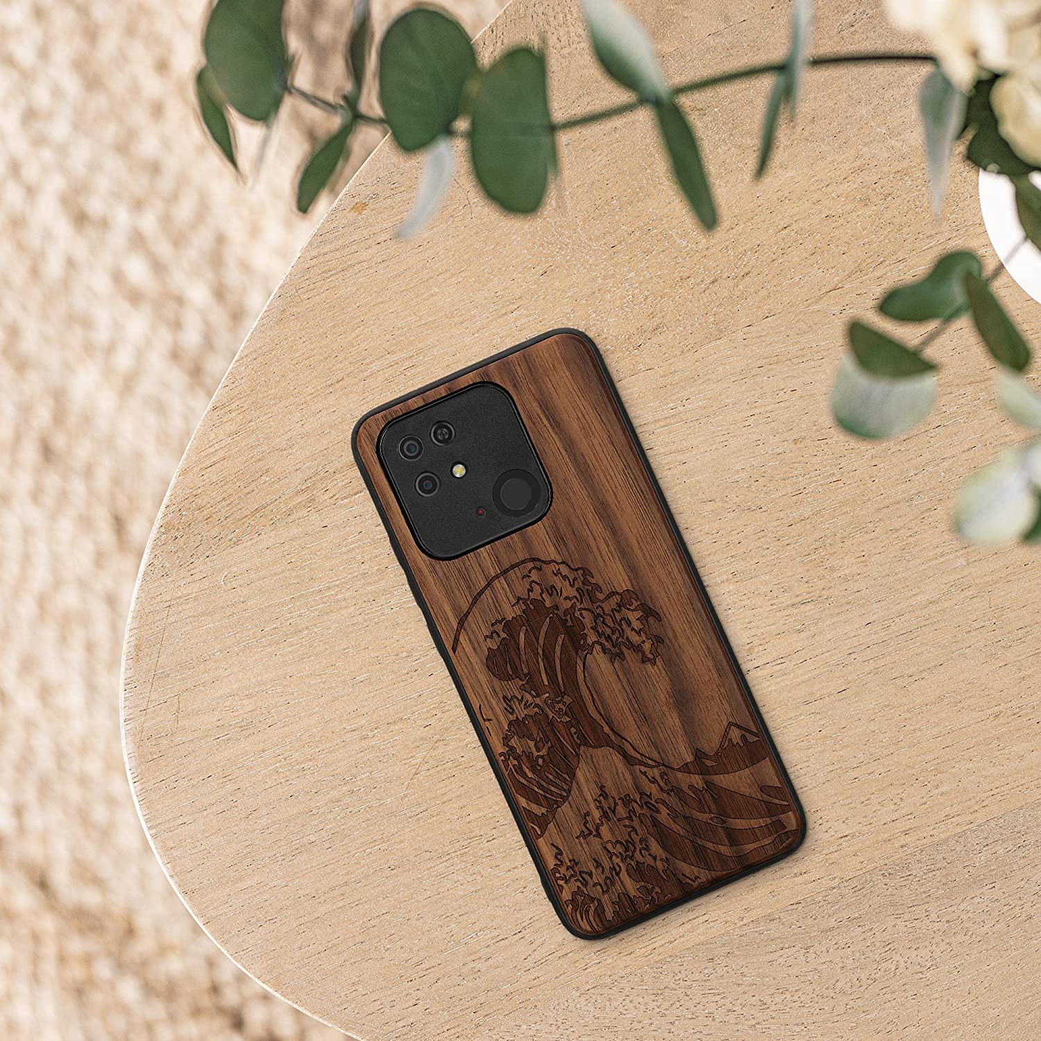 KW Xiaomi Redmi 10C Θήκη από Φυσικό Ξύλο - Design The Great Wave - Dark Brown - 59468.04