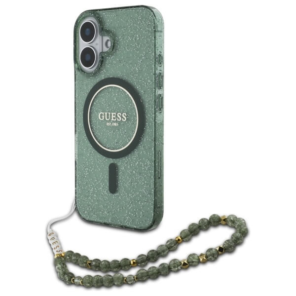 Guess iPhone 16 - IML Glitter With Pearl Strap MagSafe - Σκληρή Θήκη με Πλαίσιο Σιλικόνης και Λουράκι - Green - GUHMP16SHGCRELSA