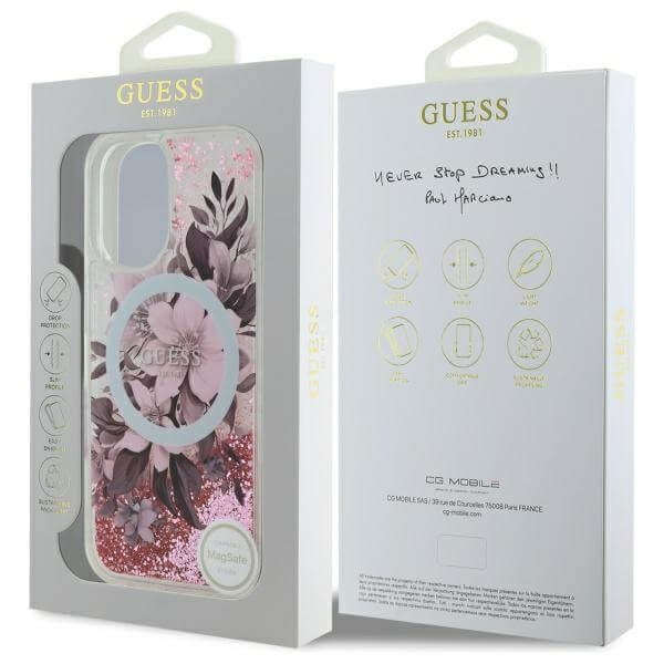 Guess iPhone 16 - Liquid Glitter Flower MagSafe - Σκληρή Θήκη με Πλαίσιο Σιλικόνης - Pink - GUHMP16SLFMWTP