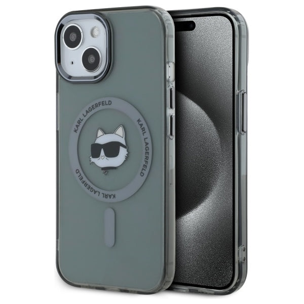Karl Lagerfeld iPhone 15 - IML Metal Choupette Head - MagSafe Σκληρή Θήκη με Πλαίσιο Σιλικόνης - Black - KLHMP15SHLSCHK