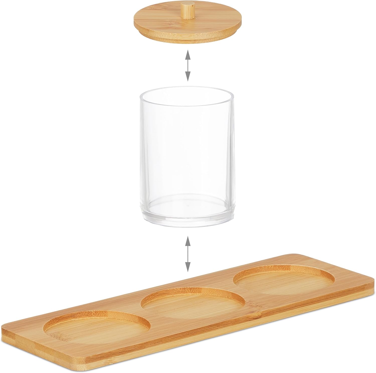 Relaxdays Σετ με 3 Πλαστικά Δοχεία Αποθήκευσης για το Μπάνιο με Δίσκο και Καπάκια από Μπαμπού - Διάφανα / Light Brown - 4052025479114