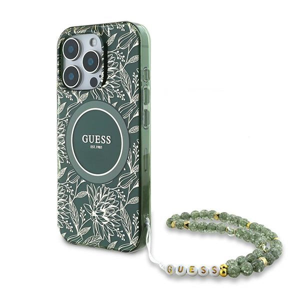 Guess iPhone 16 Pro - IML Flowers Allover Electro With Pearl Strap MagSafe - Σκληρή Θήκη με Πλαίσιο Σιλικόνης και Λουράκι - White / Green - GUHMP16LHCPOFPA