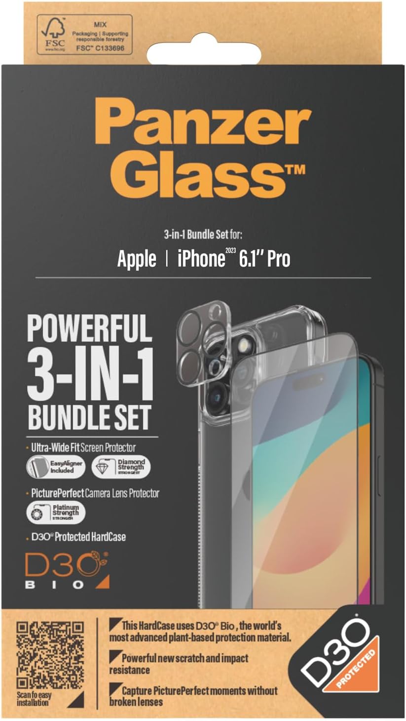 PanzerGlass iPhone 15 Pro - Σετ με 1 Αντιχαρακτικό Γυαλί Οθόνης Ultra-Wide Fit, 1 Αντιχαρακτικό Γυαλί για την Κάμερα και 1 Σκληρή Θήκη - Διάφανο