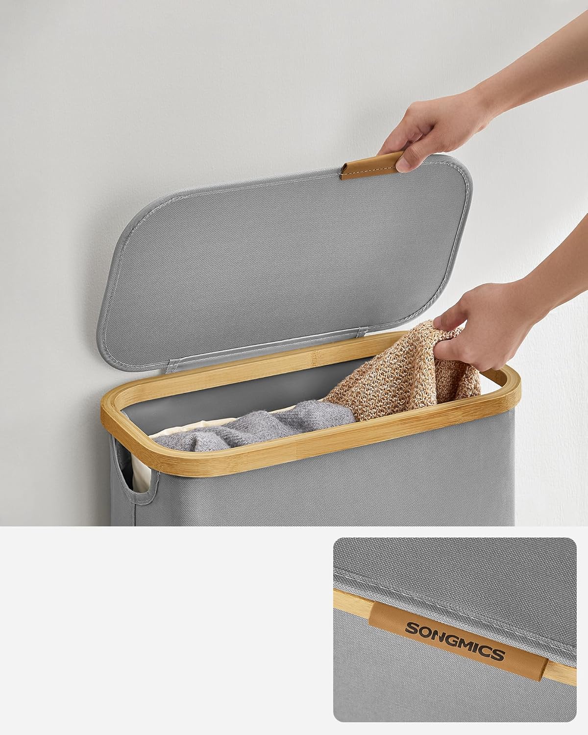 Songmics Καλάθι Απλύτων με Καπάκι και Αποσπώμενη Εσωτερική Θήκη - 60L - Dove Grey - LCB506G01
