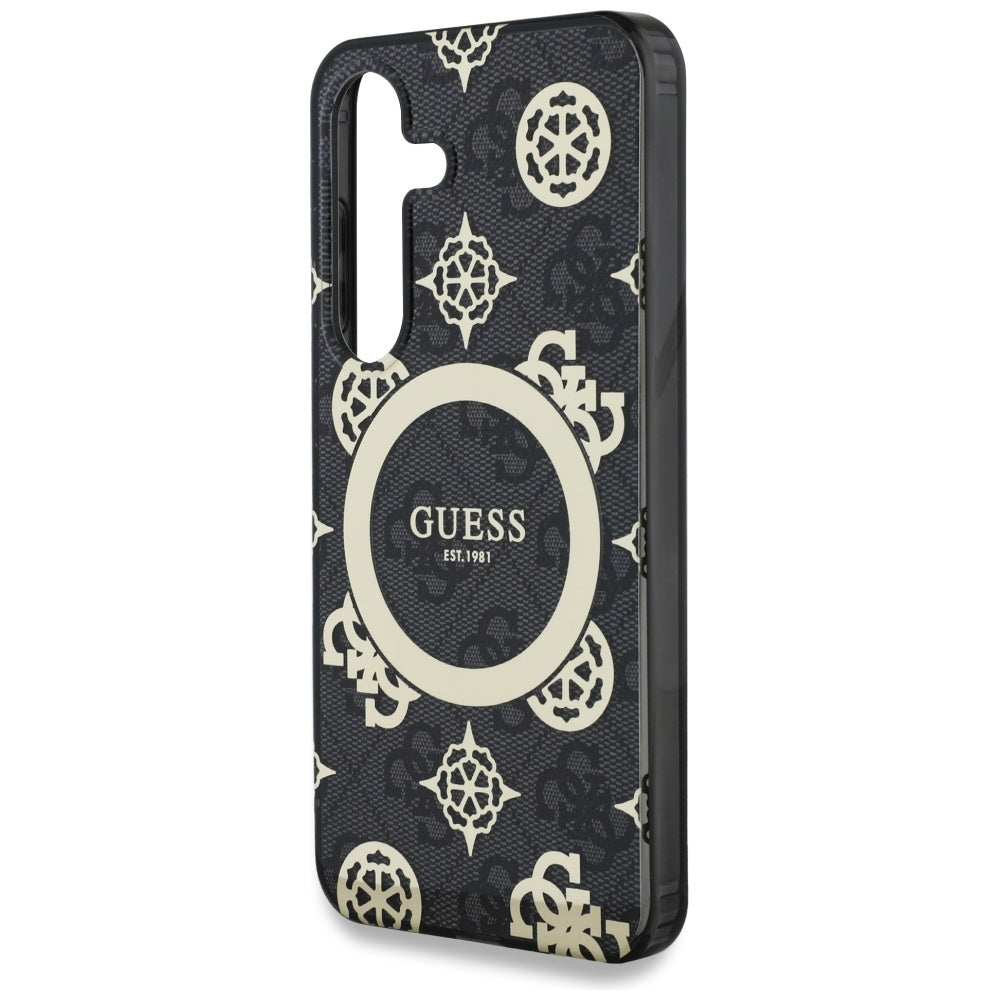 Guess Samsung Galaxy S25 - 4G Background Gold Electroplated Peony Pattern MagSafe - Σκληρή Θήκη με Πλαίσιο Σιλικόνης - Black - GUHMS25SH4PYEEK