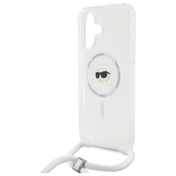 Karl Lagerfeld iPhone 16 - Crossbody IML Karl Head - MagSafe Σκληρή Θήκη με Πλαίσιο Σιλικόνης και Λουράκι - Διάφανη - KLHMP16SHCKHNT