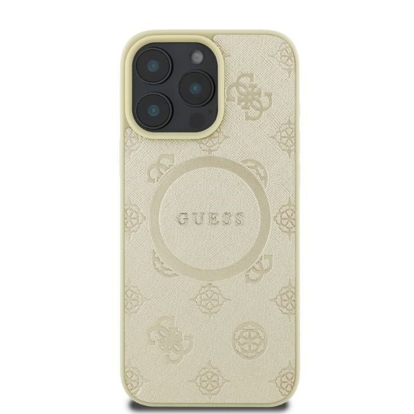 Guess iPhone 16 Pro - Saffiano Peony Classic Logo - MagSafe Σκληρή Θήκη με Πλαίσιο Σιλικόνης και Συνθετικό Δέρμα - Gold - GUHMP16LPSAPSMED