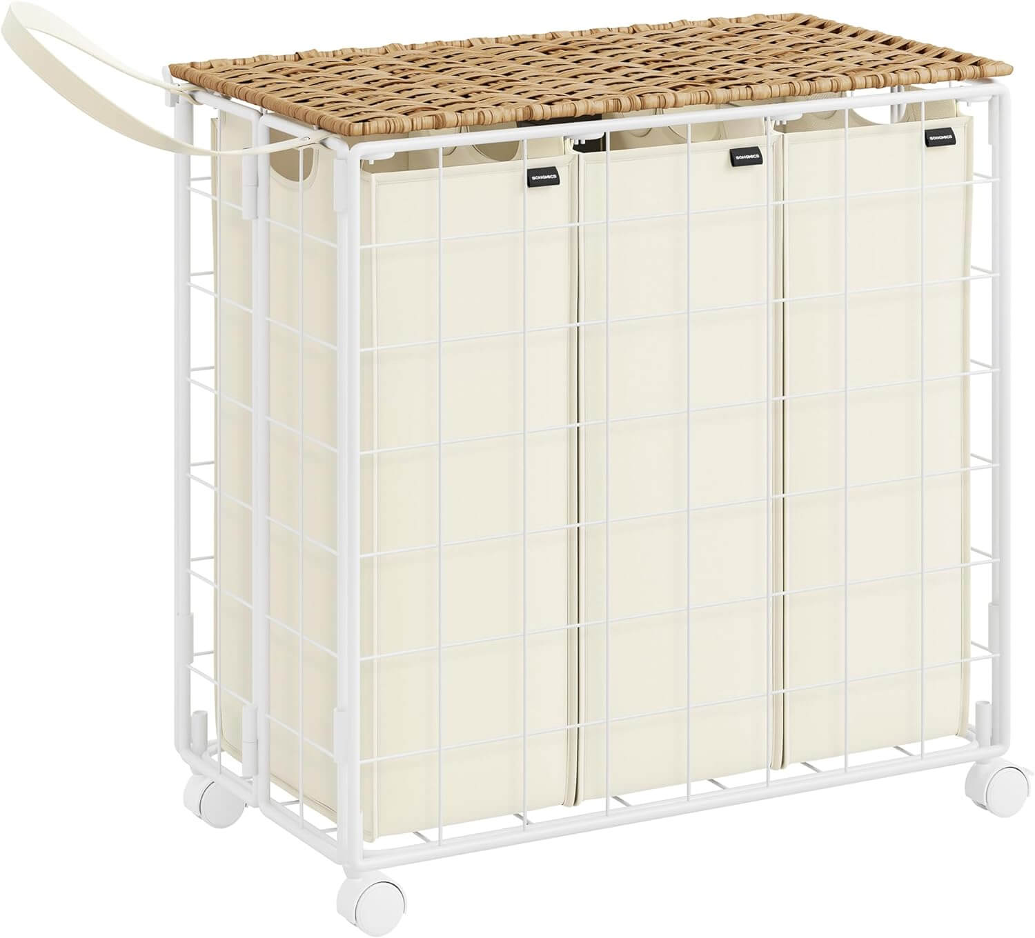 Songmics Τροχήλατο Αναδιπλούμενο Καλάθι Απλύτων με 3 Χωρίσματα και Καπάκι - 130 L - Natural Beige / Cream White - LCB313N01