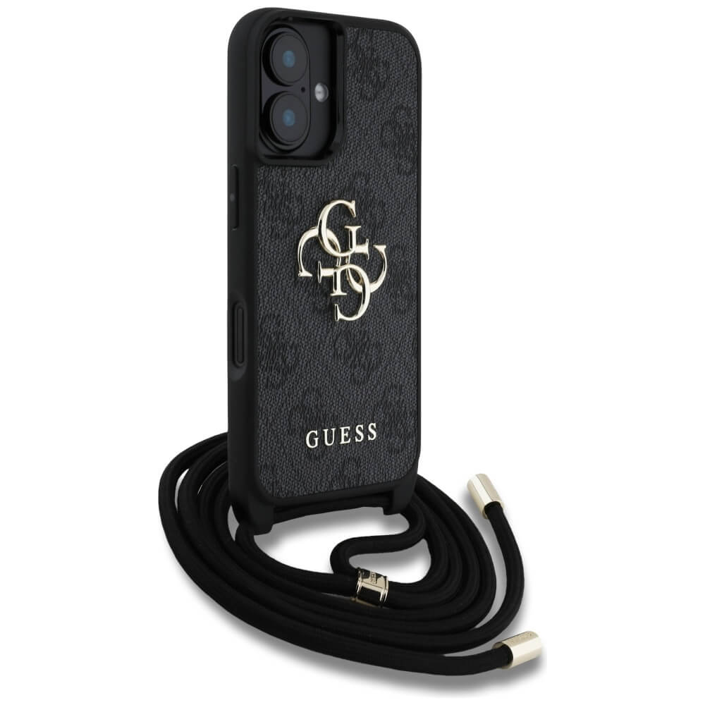 Guess iPhone 16 Plus - 4G Big Logo Cord Stap Crossbody - Θήκη με Επένδυση Συνθετικού Δέρματος και Λουράκι - Black - GUHCP16MP4GMGCRK