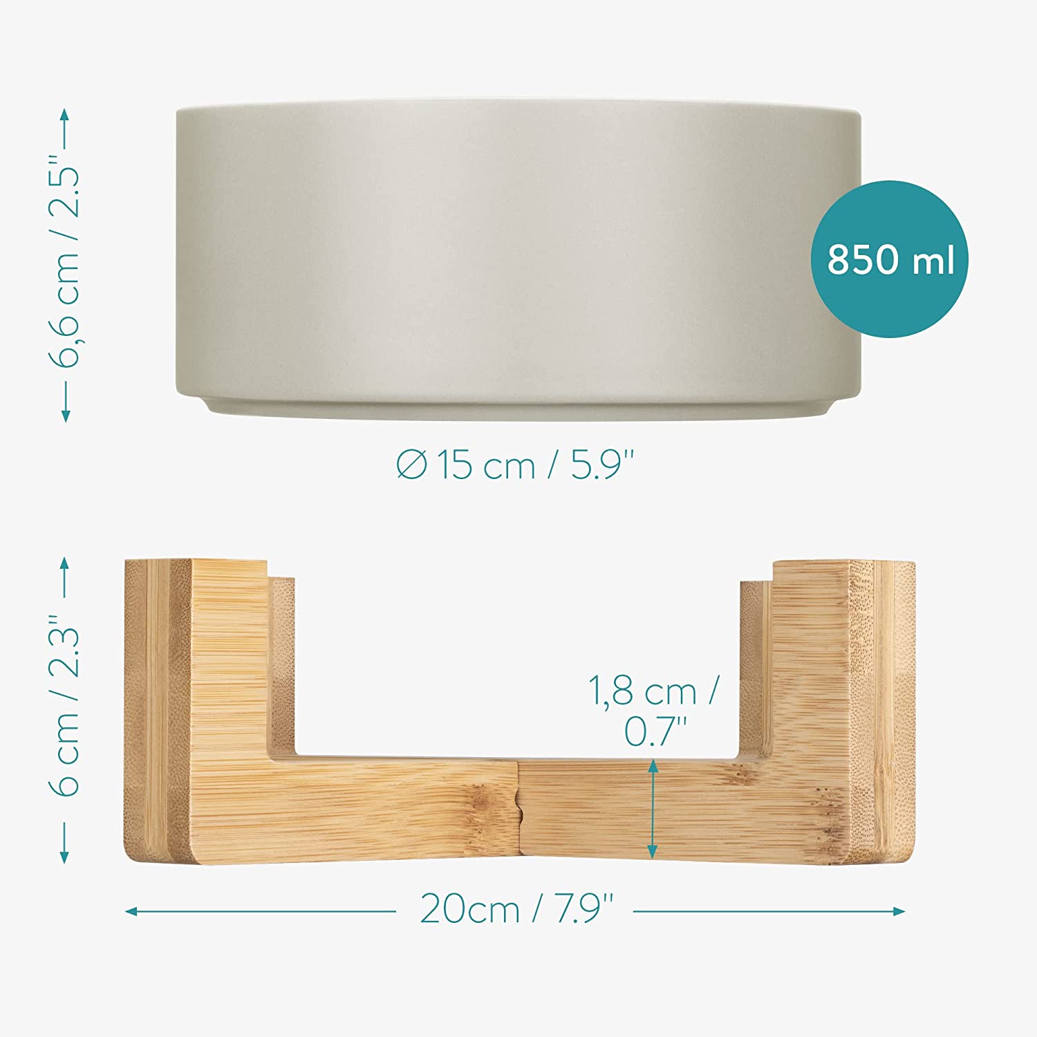 Navaris Σετ με 2 Κεραμικά Μπολ Φαγητού και Νερού 850ml με Βάση από Μπαμπού για Κατοικίδια - Blue - Grey - 55430.2.22