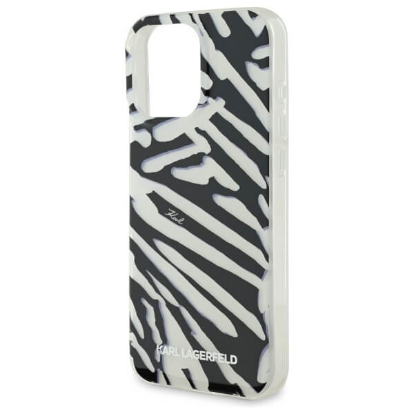 Karl Lagerfeld iPhone 16 Pro Max - IML Zebra Pattern and Cord - Σκληρή Θήκη με Πλαίσιο Σιλικόνης και Λουράκι - Black - KLHCP16XHZBPKCCK