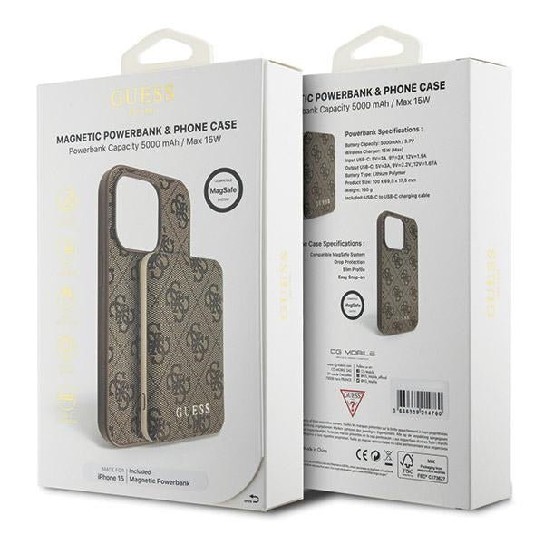 Guess iPhone 15 - 4G Metal Logo Σετ MagSafe Σκληρή Θήκη με Επένδυση Συνθετικού Δέρματος και Powerbank 5000mAh - Brown - GUBPM5P15S4GEMGW