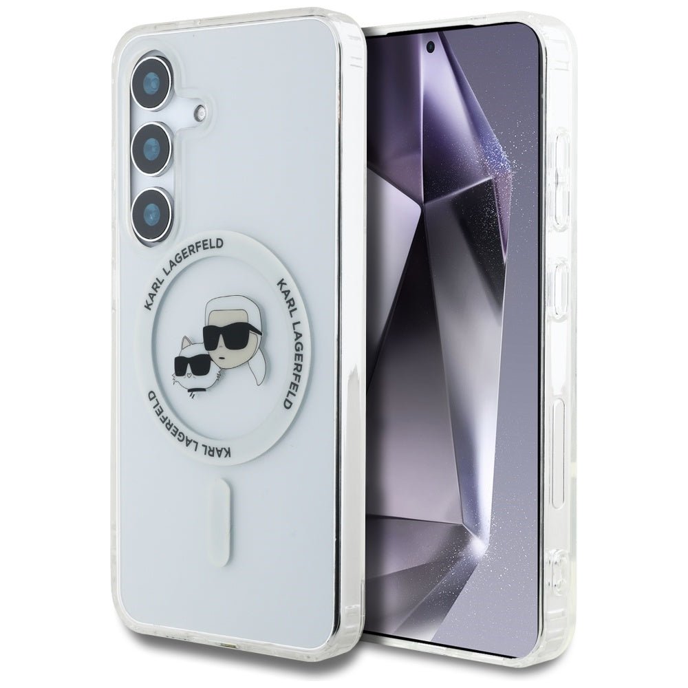 Karl Lagerfeld Samsung Galaxy S25 - Button Karl and Choupette Heads Printed Logo - MagSafe Σκληρή Θήκη με Πλαίσιο Σιλικόνης - White - KLHMS25SHLSKCH