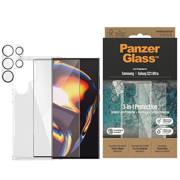 PanzerGlass Samsung Galaxy S23 Ultra - Σετ με 1 Αντιχαρακτικό Γυαλί Οθόνης Ultra - Wide Fit, 1 Αντιχαρακτικό Γυαλί για την Κάμερα και 1 Σκληρή Θήκη - Διάφανο