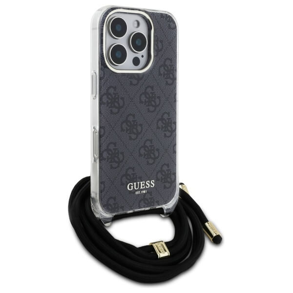 Guess iPhone 16 Pro Max - Crossbody Cord 4G Print - Σκληρή Θήκη με Πλαίσιο Σιλικόνης και Λουράκι - Black - GUHCP16XHC4SEK