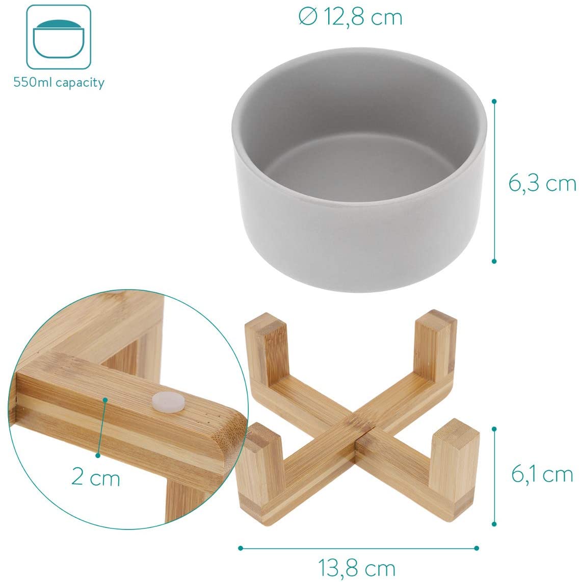 Navaris Cat Bowls with Wood Stands - Σετ με 2 Μπολ Φαγητού και Νερού 550ml με Βάση από Μπαμπού για Κατοικίδια - Grey / Brown - 48350.1.22