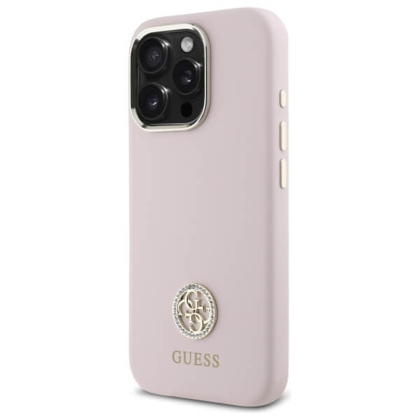Guess iPhone 16 Pro Max - Silicone Logo Strass 4G - Σκληρή Θήκη με Πλαίσιο Σιλικόνης - Pink - GUHCP16XM4DGPP