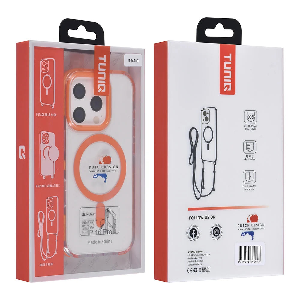 Tuniq iPhone 16 Pro - MagSafe Σκληρή Θήκη με Πλαίσιο Σιλικόνης και Λουράκι - Διάφανη / Orange