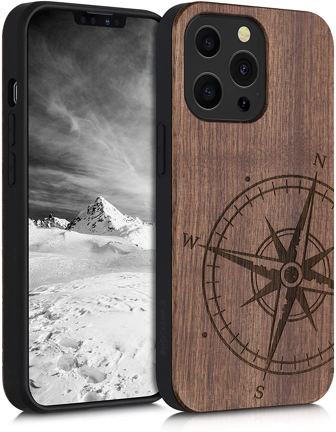 KW iPhone 13 Pro Θήκη από Φυσικό Ξύλο Design Navigational Compass - Dark Brown - 55967.01