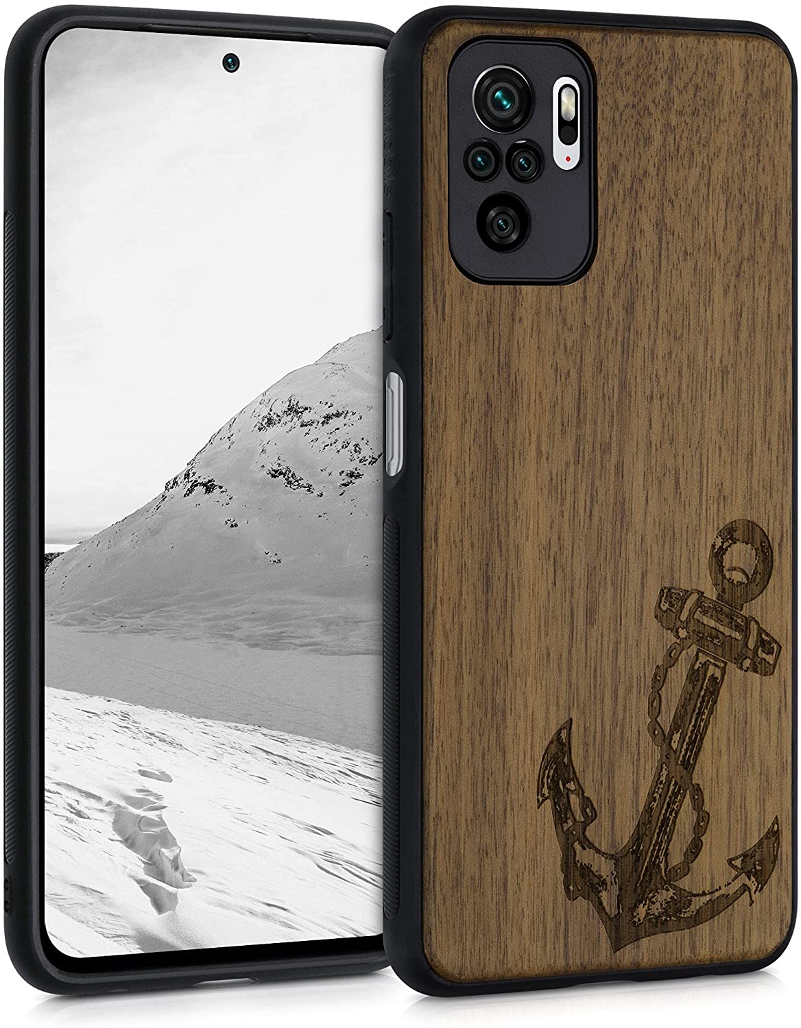 KW Xiaomi Redmi Note 10 / Note 10s / Poco M5s Θήκη από Φυσικό Ξύλο - Design Anchor Vintage - Dark Brown - 54548.03