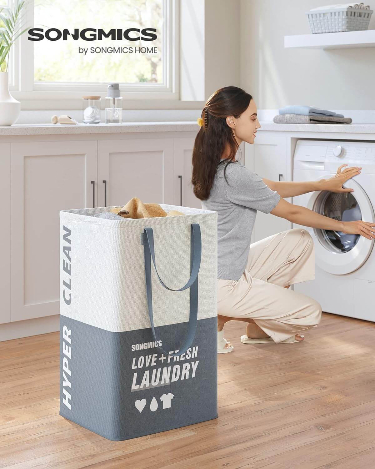 Songmics Υφασμάτινο Καλάθι Απλύτων με 2 Διαμερίσματα - Dark Blue - LCB209Q11