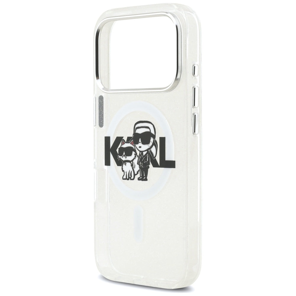 Karl Lagerfeld iPhone 17 Pro - IML Glitter Karl and Choupette Sketch Logo MagSafe - Σκληρή Θήκη με Πλαίσιο Σιλικόνης - Clear - KLHMP17LHGKCGKBT