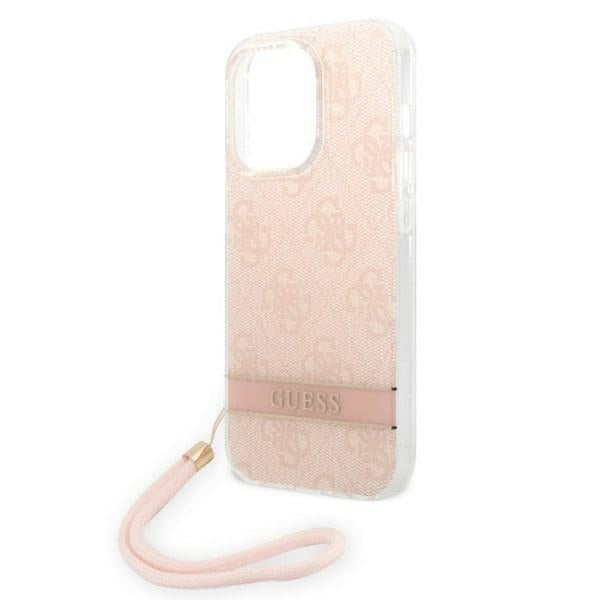 Guess iPhone 14 Pro 4G Print Strap Σκληρή Θήκη με Πλαίσιο Σιλικόνης και Λουράκι - Pink - GUOHCP14LH4STP